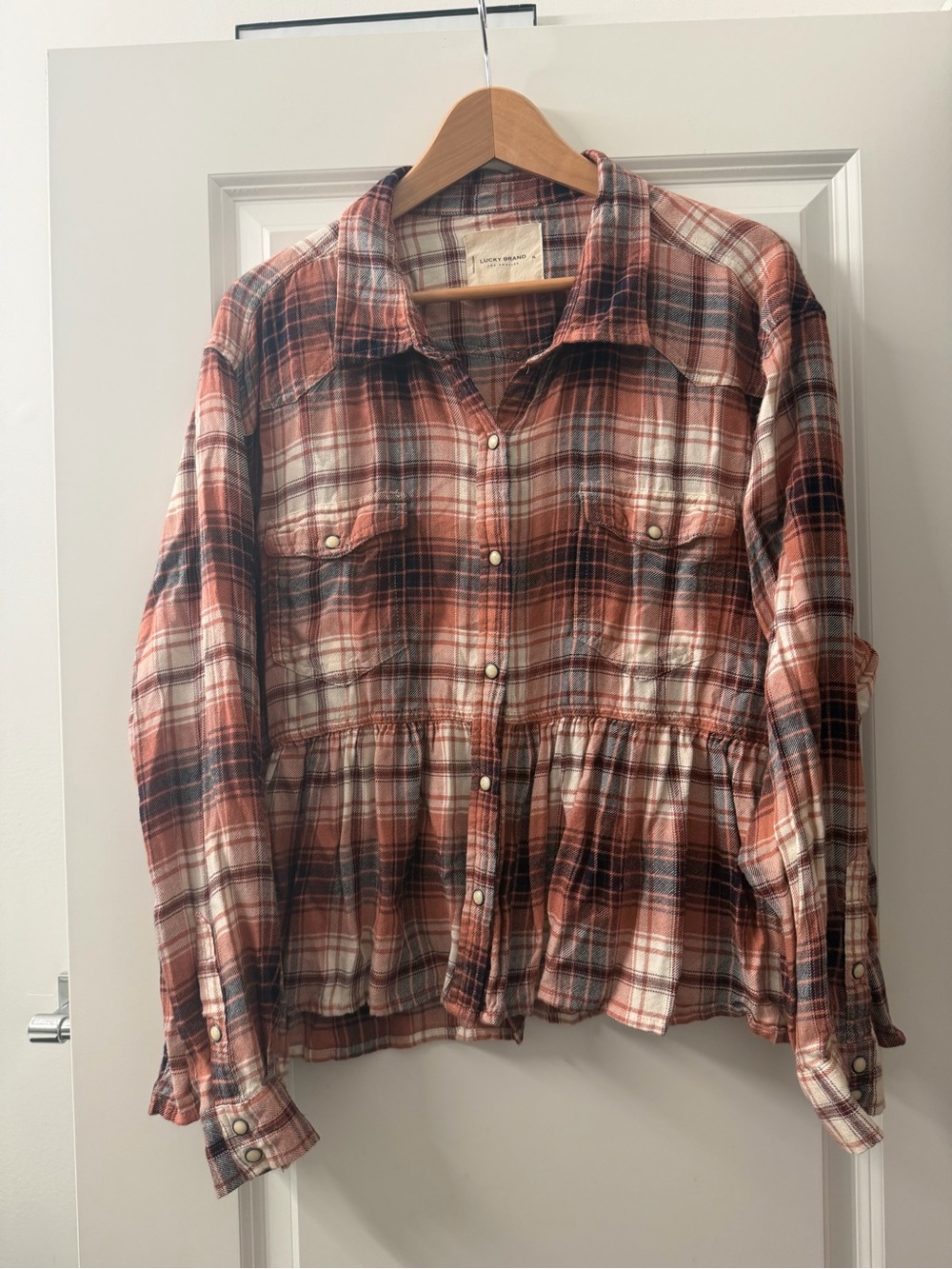 Lucky Brand Rust, Cream and Navy Plaid Peplum Button-Down